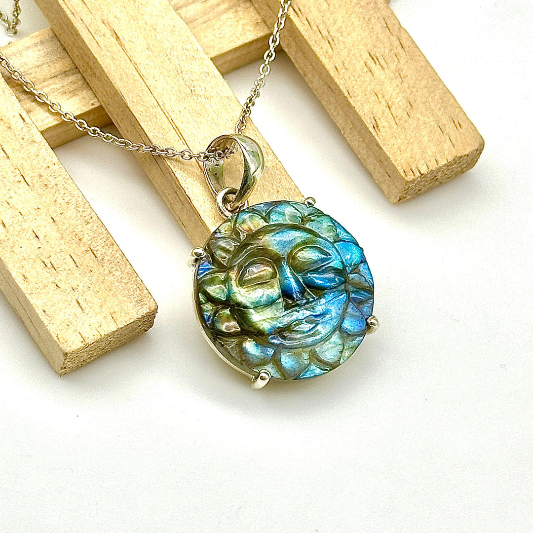 Carved Labradorite Sun Face Pendant: Boho Gemstone Necklace