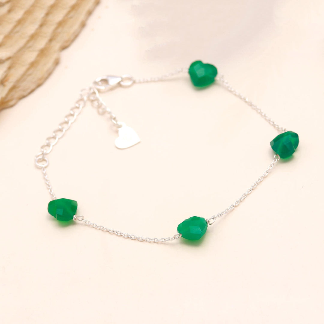 Natural Green Onyx Heart Beads Bracelet, Onyx Faceted Heart Beads Bracelet, Women's Gift Chain Bracelet, 925 Silver Bracelet, Girls Anklets