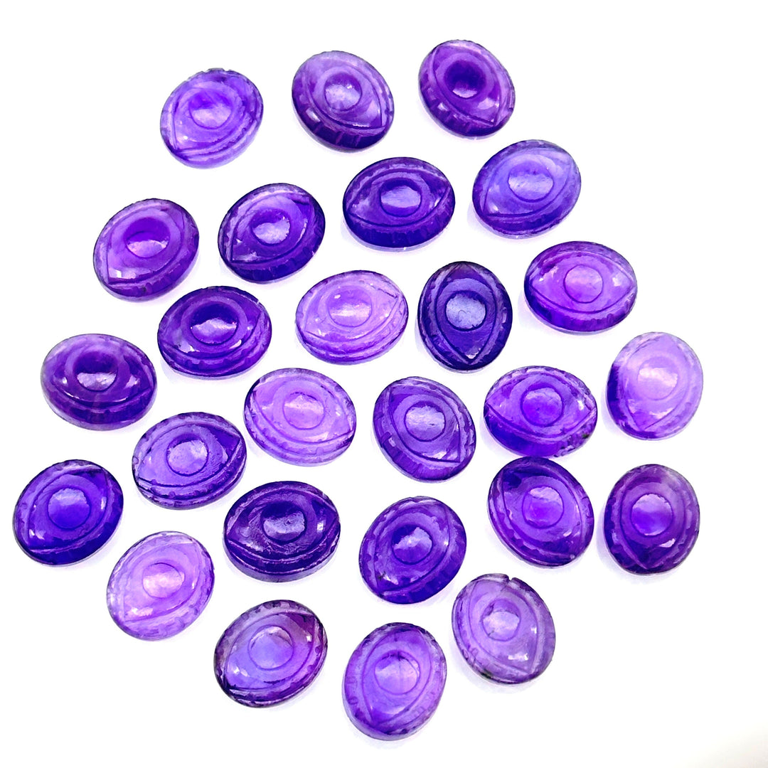 Natural Amethyst Evil Eye Beads, Hand Carved Gemstone Beads, Loose Oval Eye Beads, Evil Eye Charm Beads, Loose Carving Beads 10X12 MM