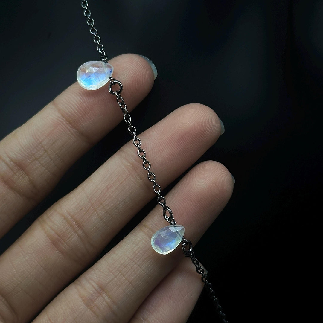 Pretty Rainbow Moonstone Pear Necklace, Blue Flashy Faceted Pear Chain Necklace, Black Rhodium Plating Necklace For Girls, Gift For Her