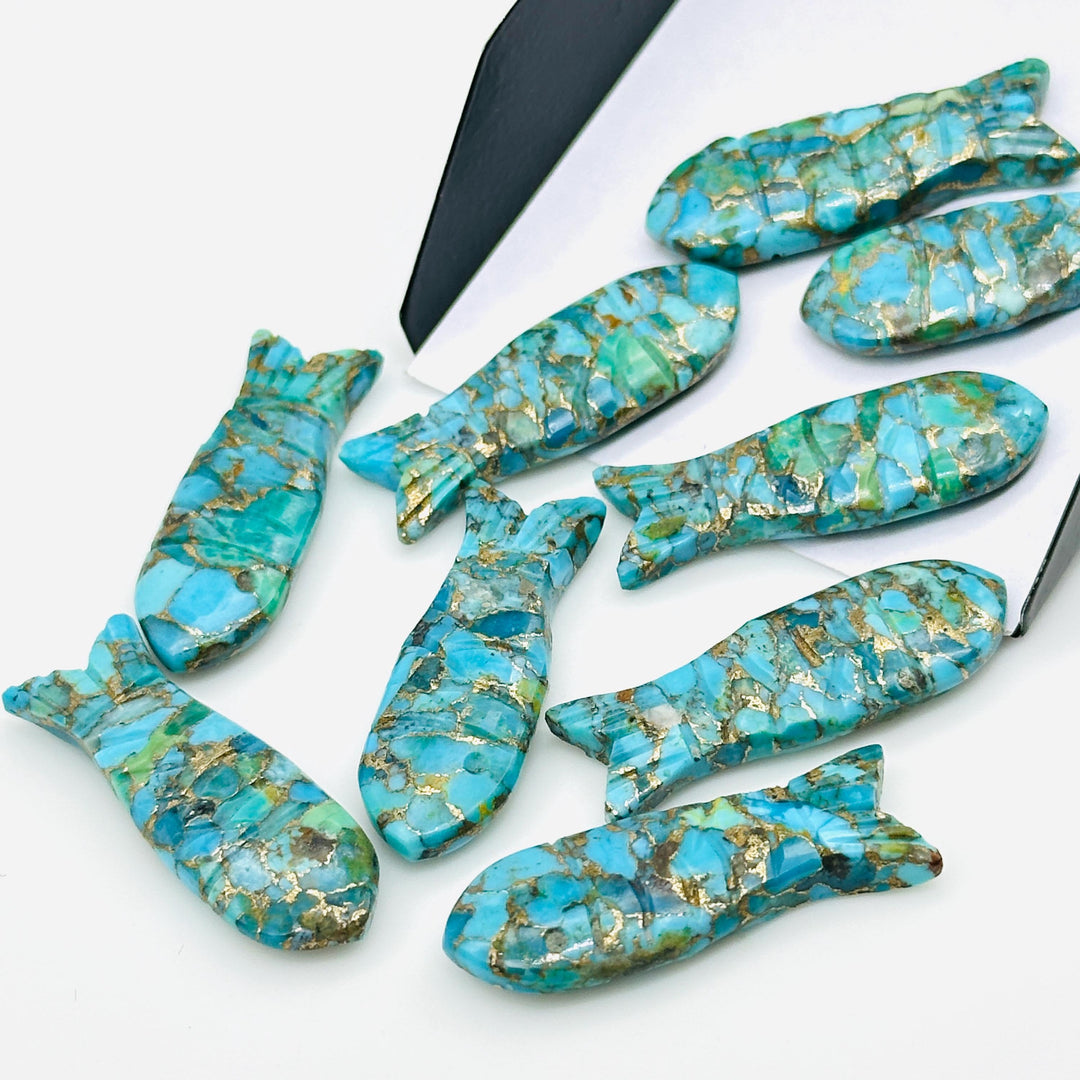 Natural Copper Turquoise Fish Carving Beads, Jewelry Making Gemstone Fish Shape Crystals, 30X10 MM