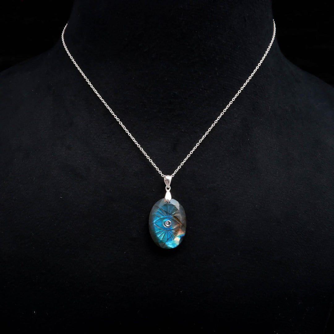 Flashy Labradorite Evil Eye Necklace, Natural Labradorite Hand Carved Evil Eye Pendant, 925 Sterling Silver Jewelry, Good Luck Charms