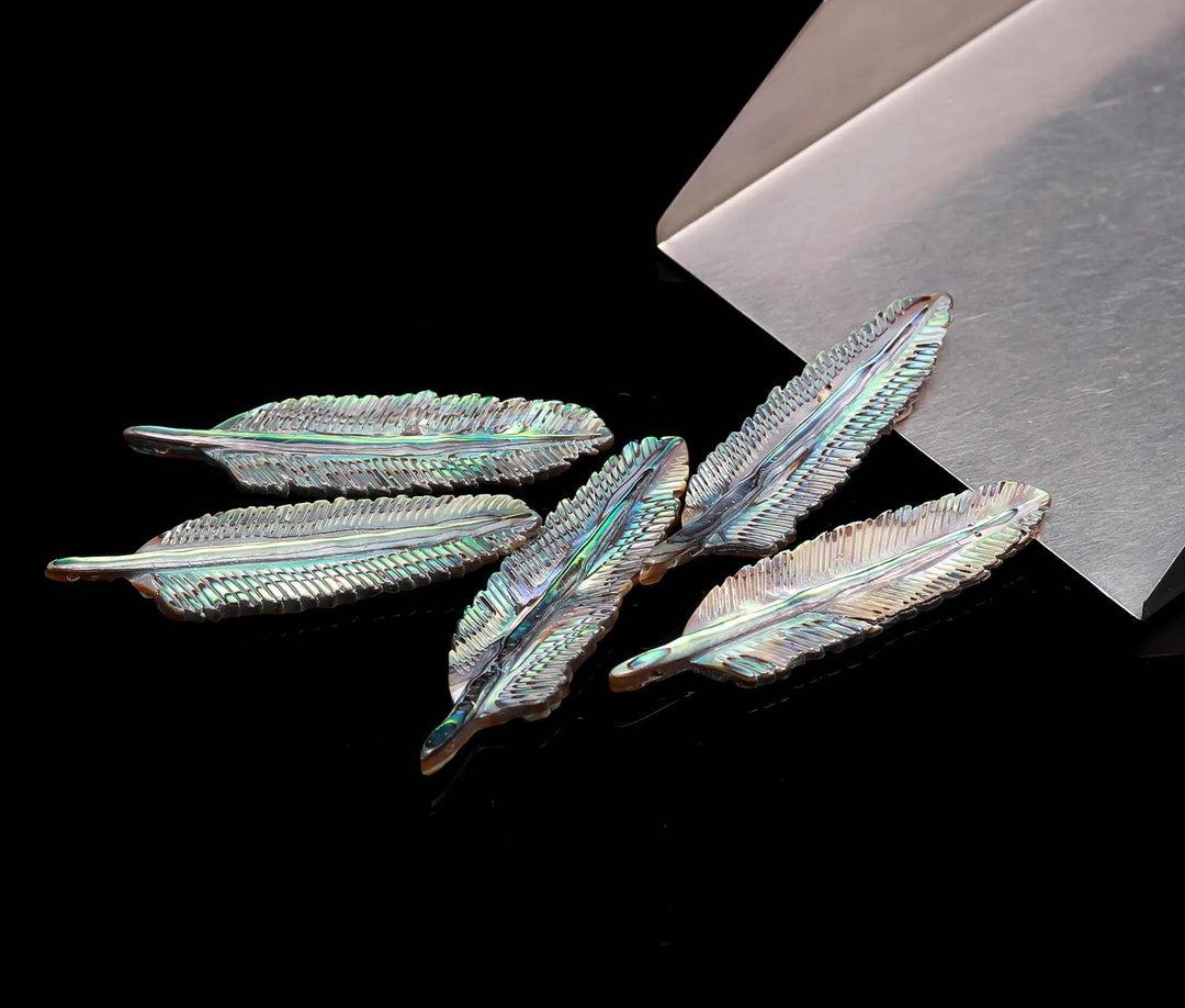 1 Pc Hand Carved Mother of Pearl Feather Gemstone, Side Drilled, 42mm