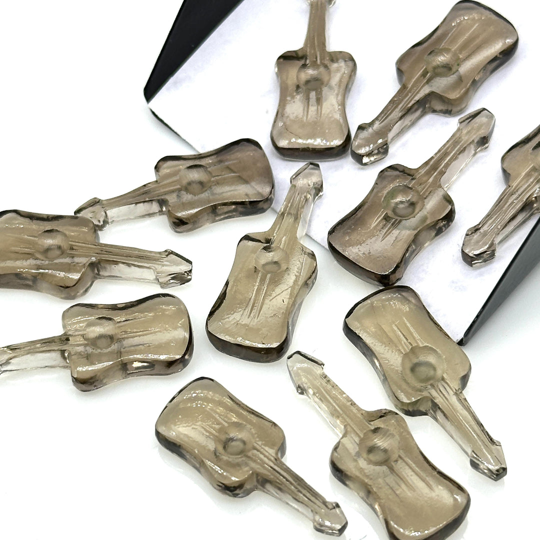 Little Guitar Shape Carving Beads, Natural Smokey Quartz Guitar Shape Hand Carved Gemstone, 26 MM, Miniature Guitar Gemstone, Tiny Charms