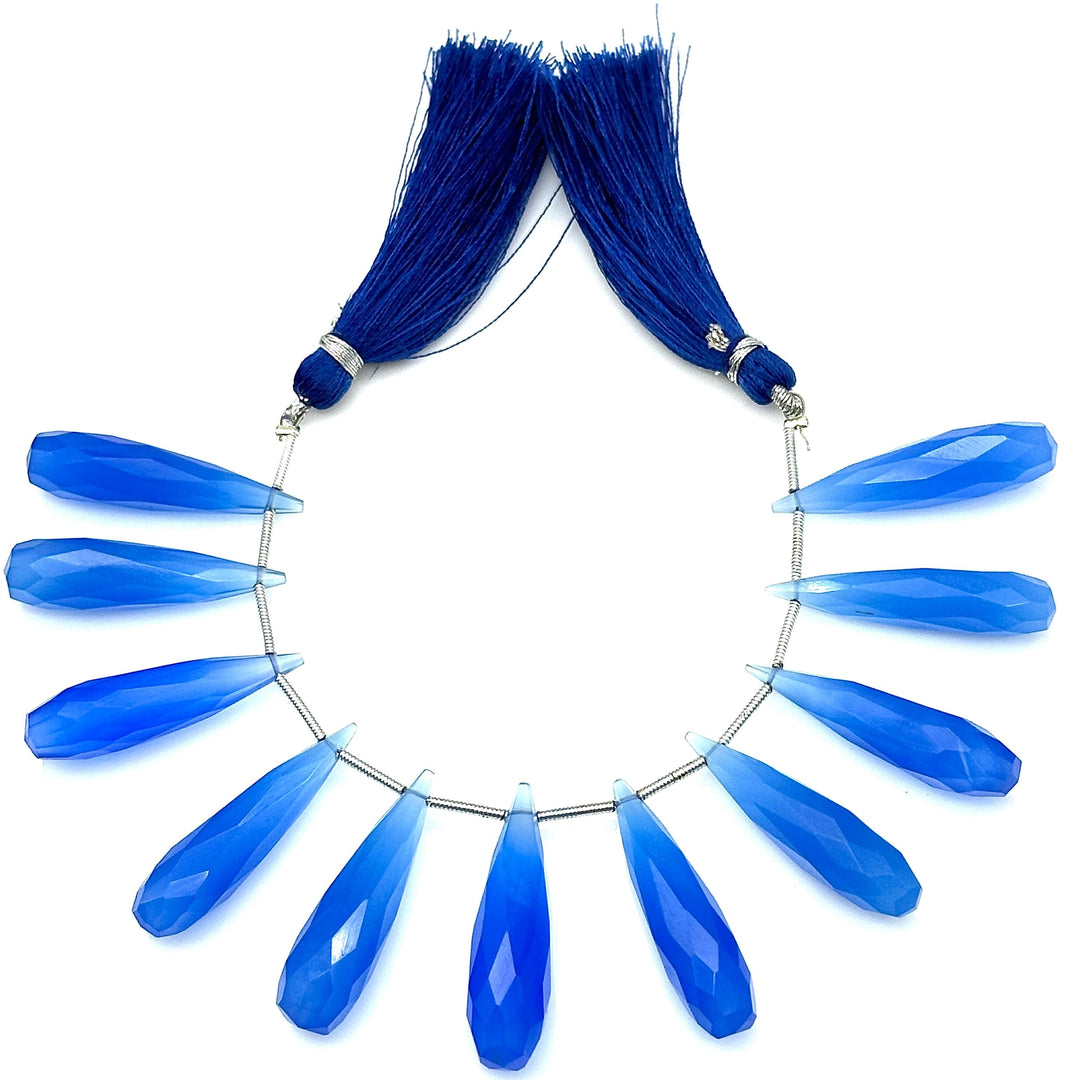 Matched Pairs - Blue Chalcedony Long Drop Shape Briolette's, Faceted Teardrop Beads, 7X30 mm Deep Blue Color Drops For Earring Making