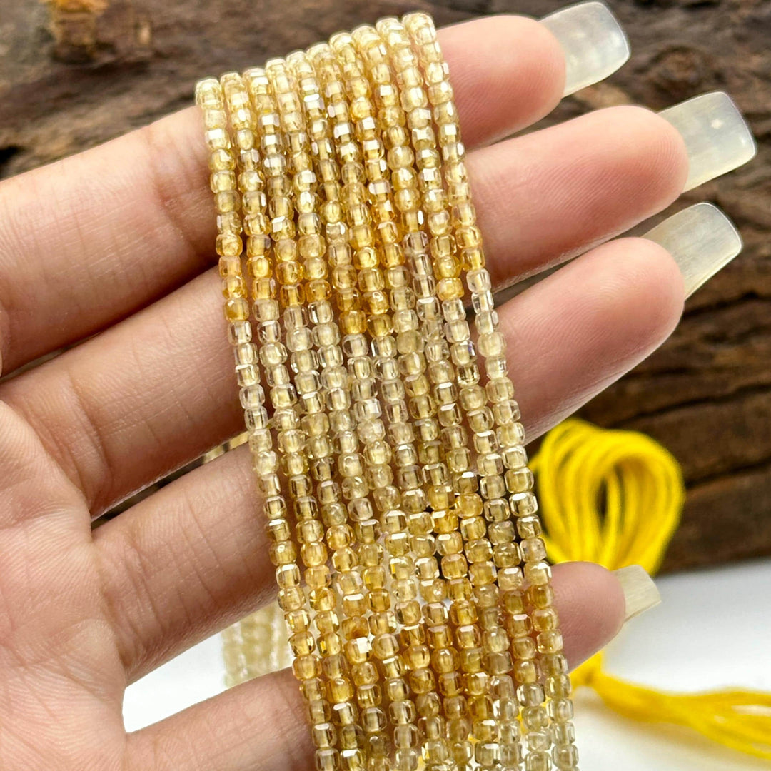Sparkling Yellow Shaded Zircon Box Shape Beads, 3 mm Natural Cubic Zircon Beads, 13 Inches Zirconia Cube Dice Square Loose Beads for Jewelry