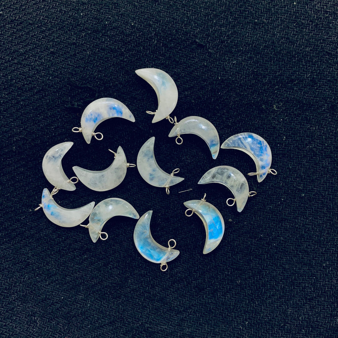 Natural Rainbow Moonstone Moon Shape Carved Gemstone Jewellery Making Charm With 925 Silver, Necklace Bracelet, Earrings Making Charms 17 mm