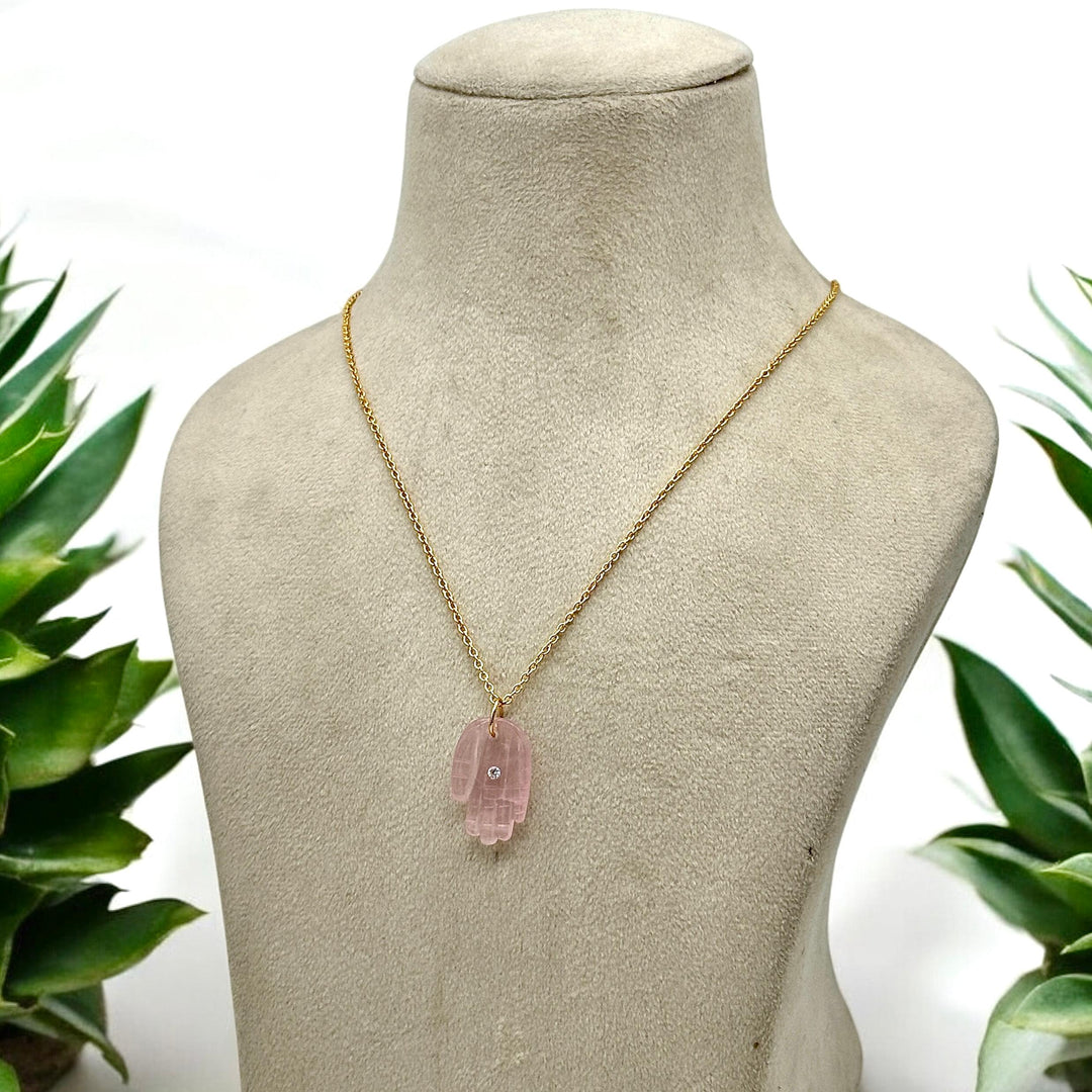 Natural Rose Quartz Hamsa Necklace, Pink Quartz Gemstone Hamsa Necklace For Gift, Reiki Healing Jewelry Pink Charm Protection Necklace 25 MM