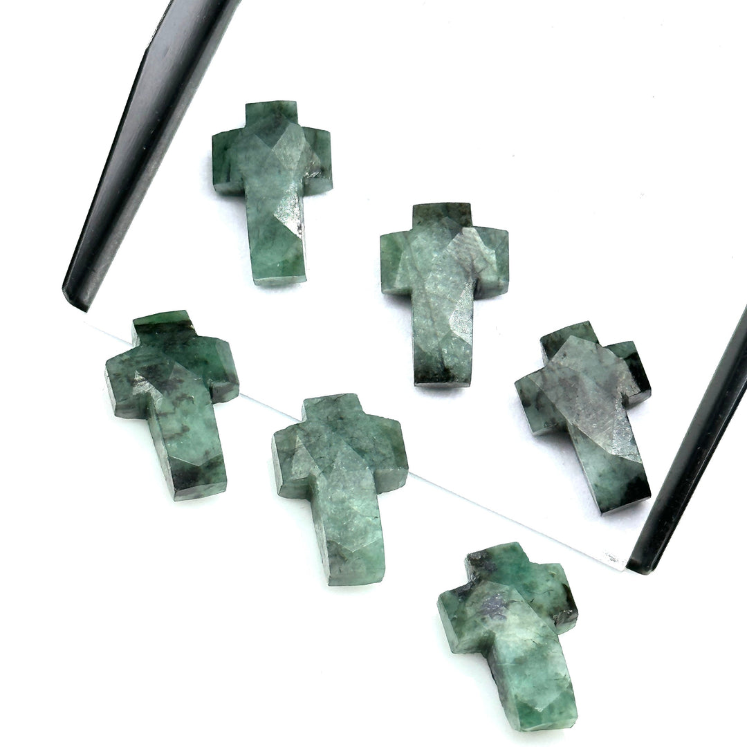Natural Emerald Cross Beads: Faceted Green Gemstone Charms (15mm)