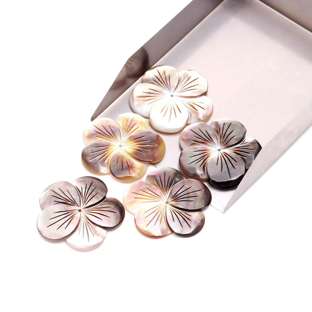 1 Pc Natural Black Mother of Pearl Flower Shape Carvings, Pearl Flower Shape Beads for Jewelry Making, Center Hole