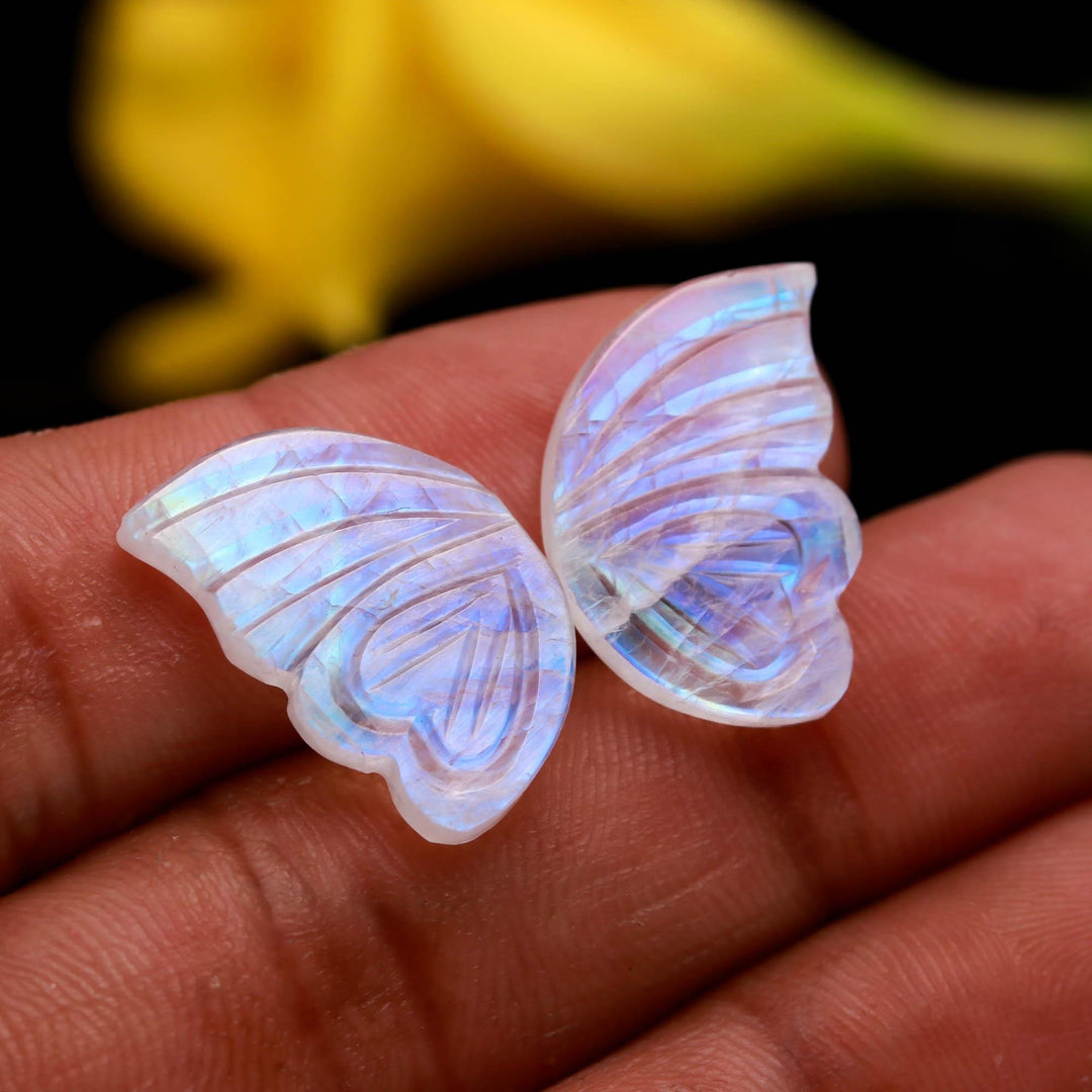 Natural Flashy Rainbow Moonstone Hand Carved Butterfly Wings Shape Stone, Loose Butterfly Wings for Jewelry Making, 13X19 MM