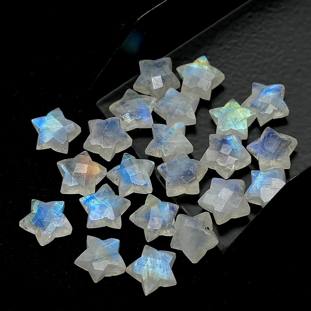 Natural Rainbow Moonstone Star Beads, Blue Flashy Carved Star Shape Briolette's, 10 MM Faceted Star Shape Charms, Loose Star Beads Crystal