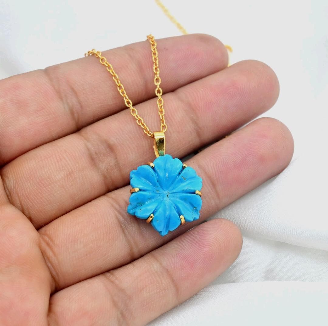 Carved Blue Turquoise Flower Pendant, AAA Turquoise Gemstone Necklace For Her, 19 mm Flower, Birthday Gift For Women, Blue Turquoise Flower