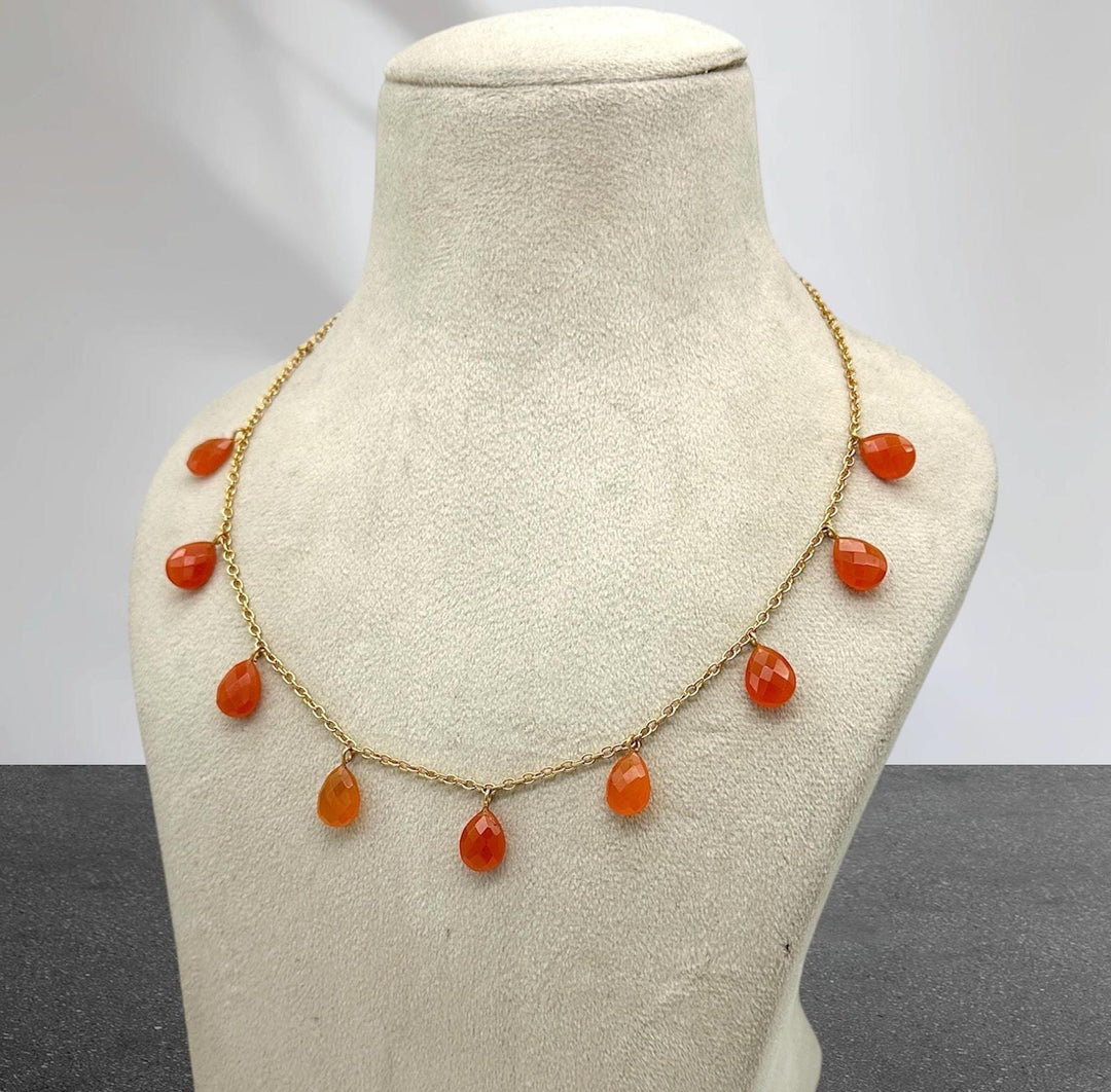 Natural Carnelian Pear Shape Beads Necklace, Tourmaline Drop Chain Necklace, Pear Gemstone Necklace, Faceted Pear Chain Necklace For Women's