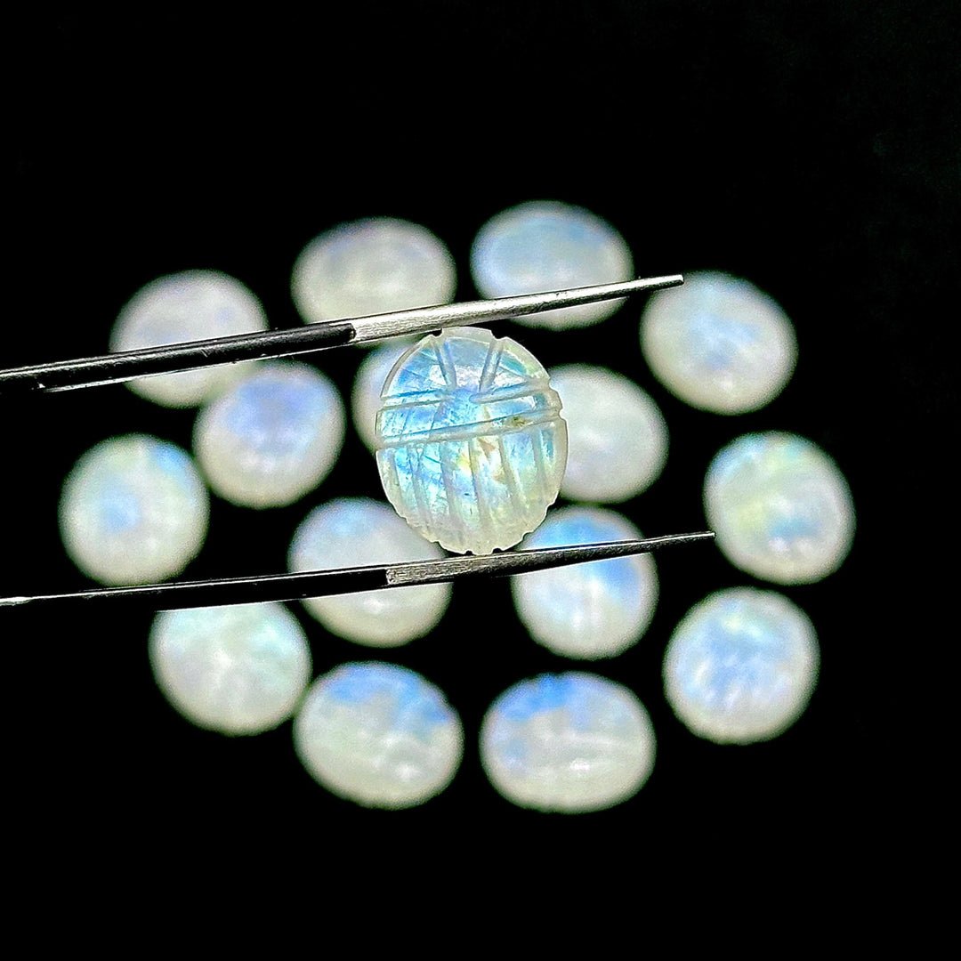 Rainbow Moonstone Scarab Beads: Handmade Carved Briolettes (10x12MM)