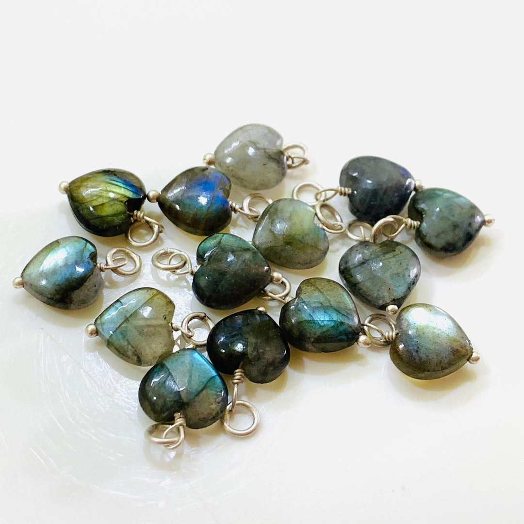 Natural Labradorite Heart Shape Carved Gemstone Jewellery Making Charm With 925 Silver, Necklace Bracelet, Earrings Making Charms 10 mm