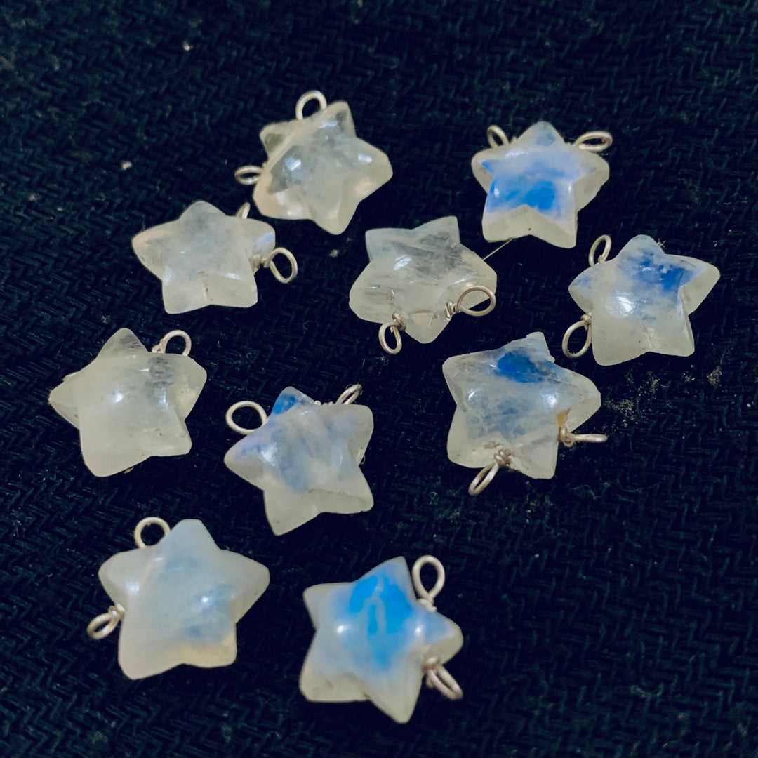 Natural Rainbow Moonstone Stars Shape Carved Gemstone Jewellery Making Charm With 925 Silver, Necklace Bracelet, Earrings Making Charms 10mm