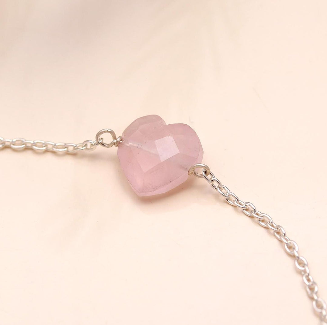 Rose Quartz Heart Bracelet: 925 Sterling Silver Chain, Handmade