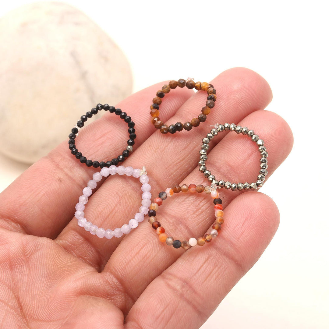 Beaded Stackable Gemstone Rings, Stretchable 2 MM Round Faceted Beads Rings, Elastic Handmade Rings for Women, Promise Ring for Her