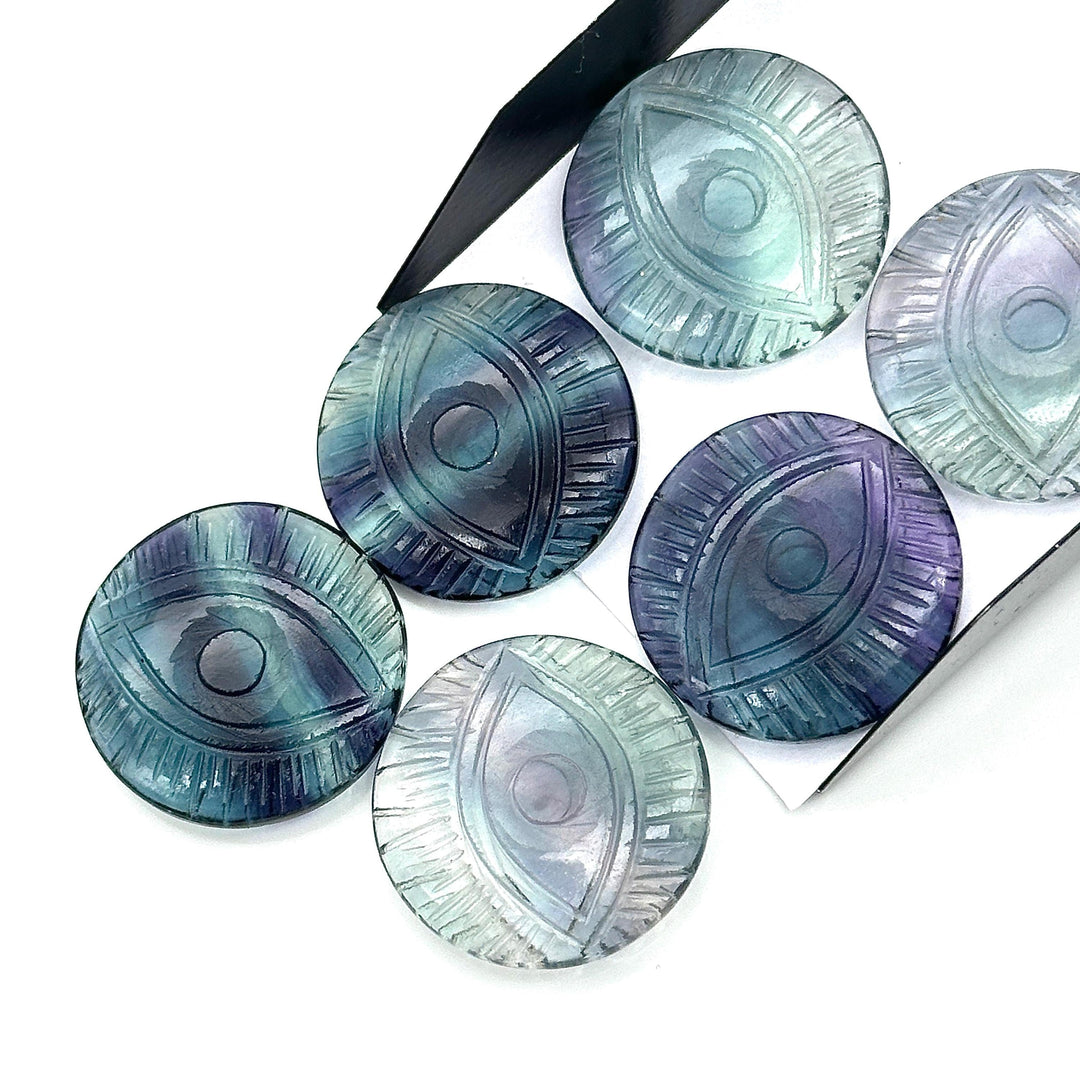 AAA Multi Fluorite Evil Eye Shape Stone, Natural Multi Fluorite Hand Carved Gemstones, 28 MM, Round Evil Eye Carving, Fluorite Charms