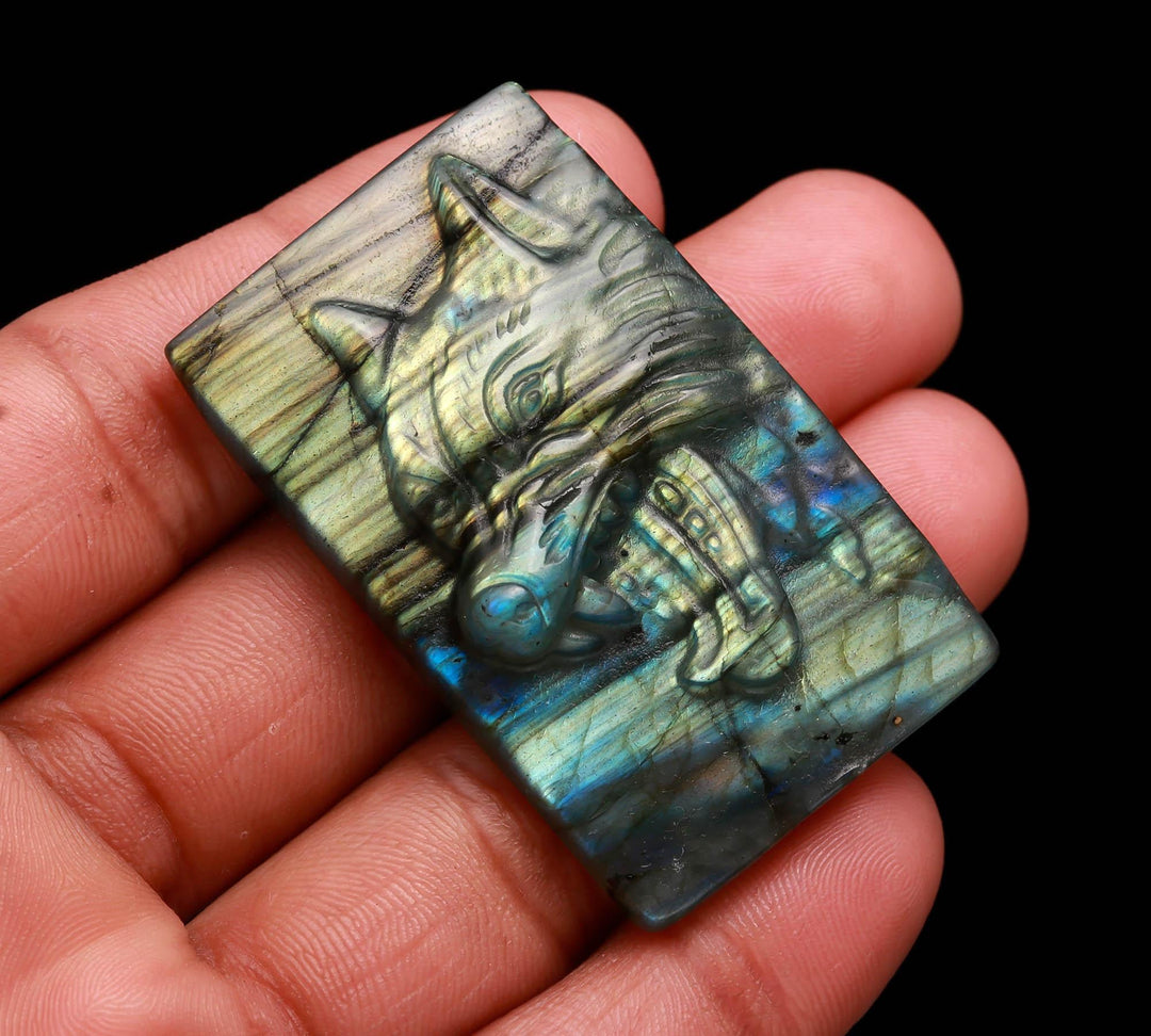 Natural Labradorite Wolf Carving Gemstone, Labradorite Hand Carved Wolf Shape Stone, Home Decor Ideas, Wolf Head, 1.9 Inch