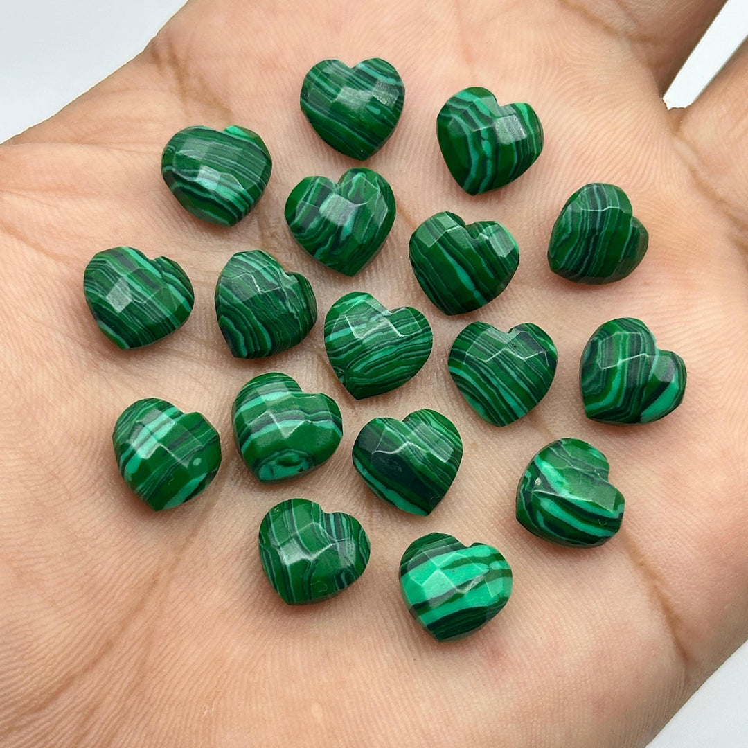 Faceted Malachite Heart Beads: Hand Carved 10mm Briolettes