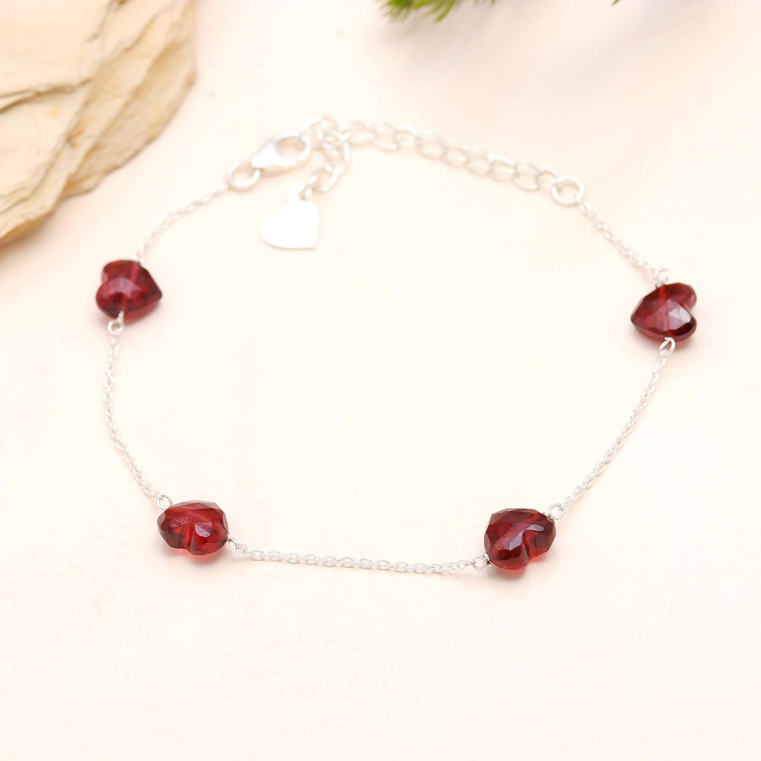 Red Garnet Heart Bracelet, Natural Garnet Faceted Heart Beads Bracelet, January Birthstone Silver Bracelet, Mini Heart Jewelry, Girls Gifts