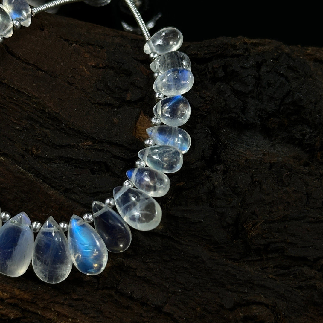 AAA Quality Flashy Rainbow Moonstone Smooth Pear Beads, 4 inch strand, Natural Blue Flash Rainbow Moonstone Pear Beads, 4X6 - 8X10 MM