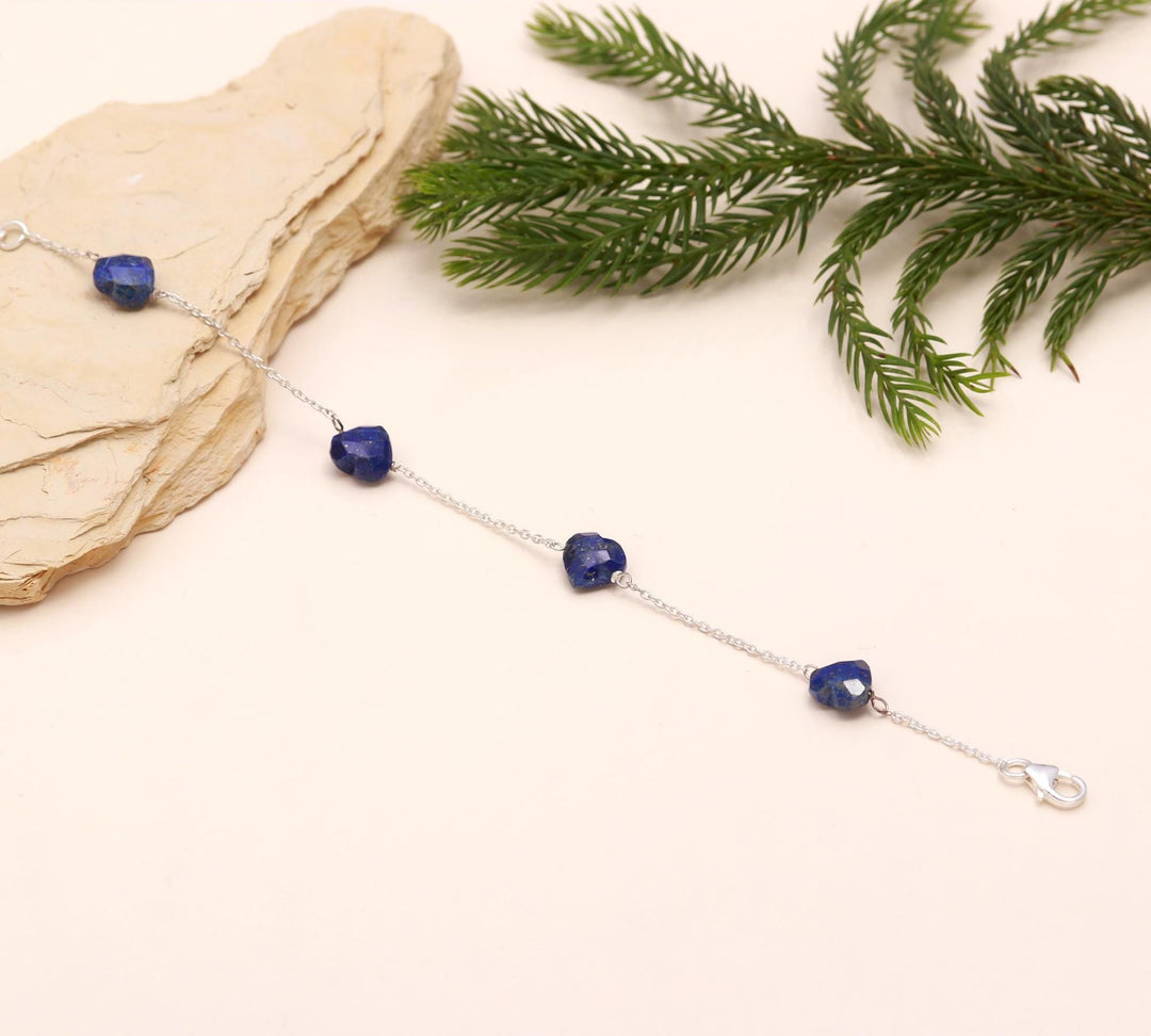 Natural Lapis Lazuli Heart Beads Bracelet, Blue Lapis Lazuli Beads Bracelet, Women's Gift Chain Bracelet, 925 Silver Bracelet, Girls Anklets