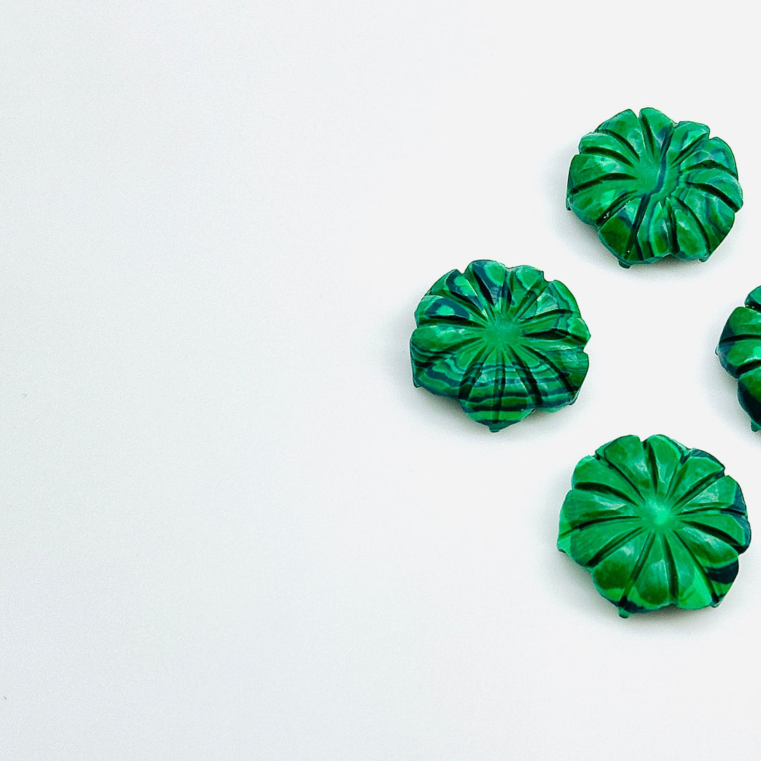 Natural Malachite Flower Shape Carved Gemstone, Green Flower Shape Carving, Carved Gemstone For Jewlery 17 mm, Craft Making Flower Charm