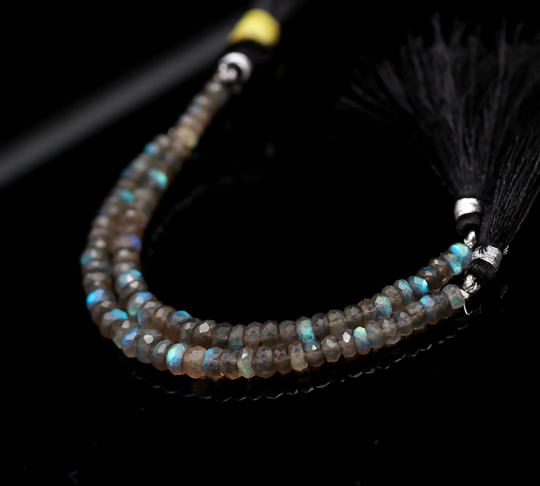 Faceted Labradorite Rondelle Beads: Flashy Black Rainbow Gemstone Strand, 8-9 mm