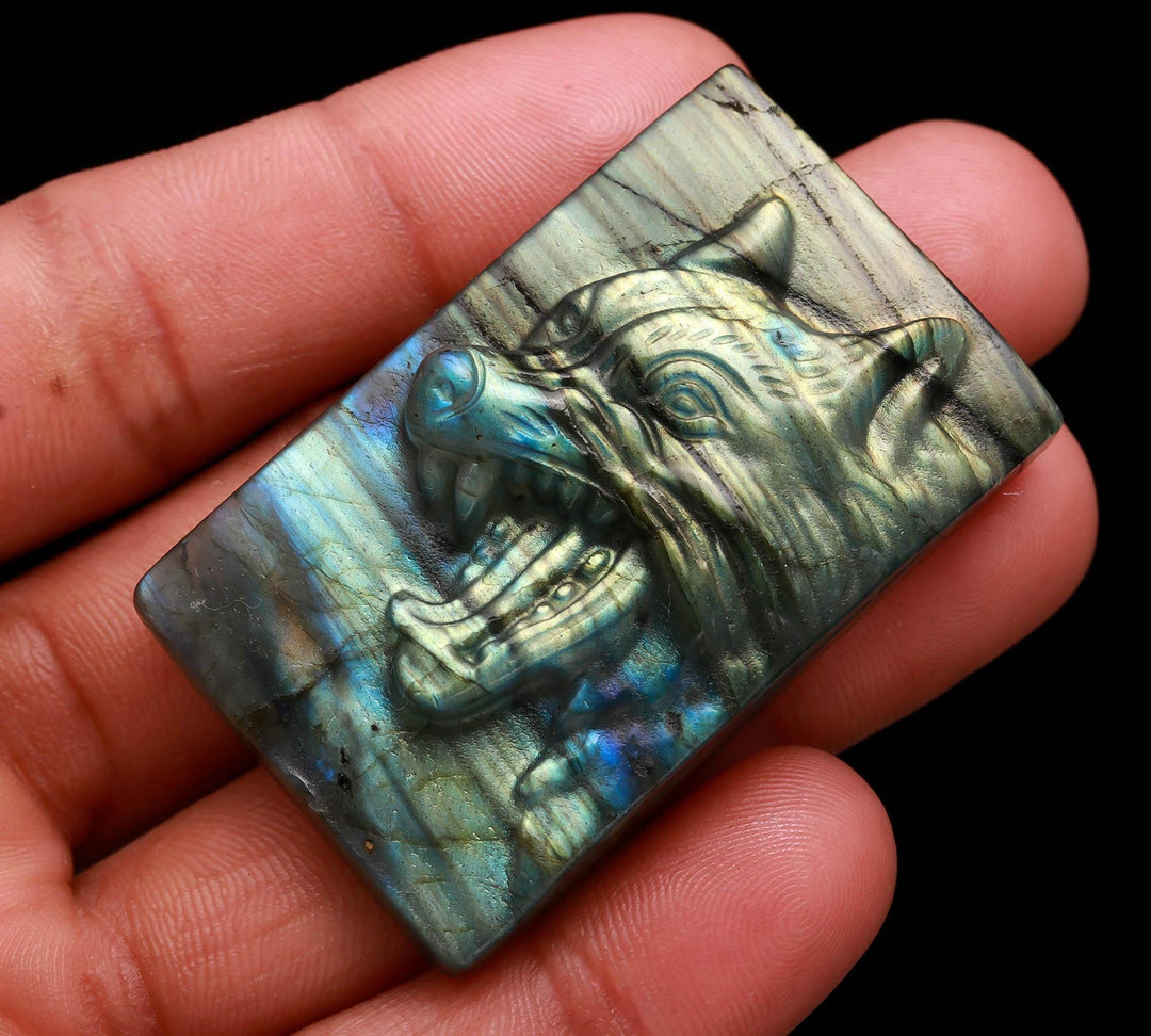 Natural Labradorite Wolf Carving Gemstone, Labradorite Hand Carved Wolf Shape Stone, Home Decor Ideas, Wolf Head, 1.9 Inch