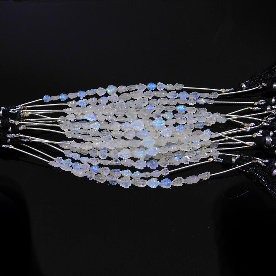 Carved Rainbow Moonstone Leaf Shape Beads, Natural Rainbow Gemstone Flat Back Leaf Beads, Leaf Carving for Jewelry, 6-8 MM, 4-inch Strand