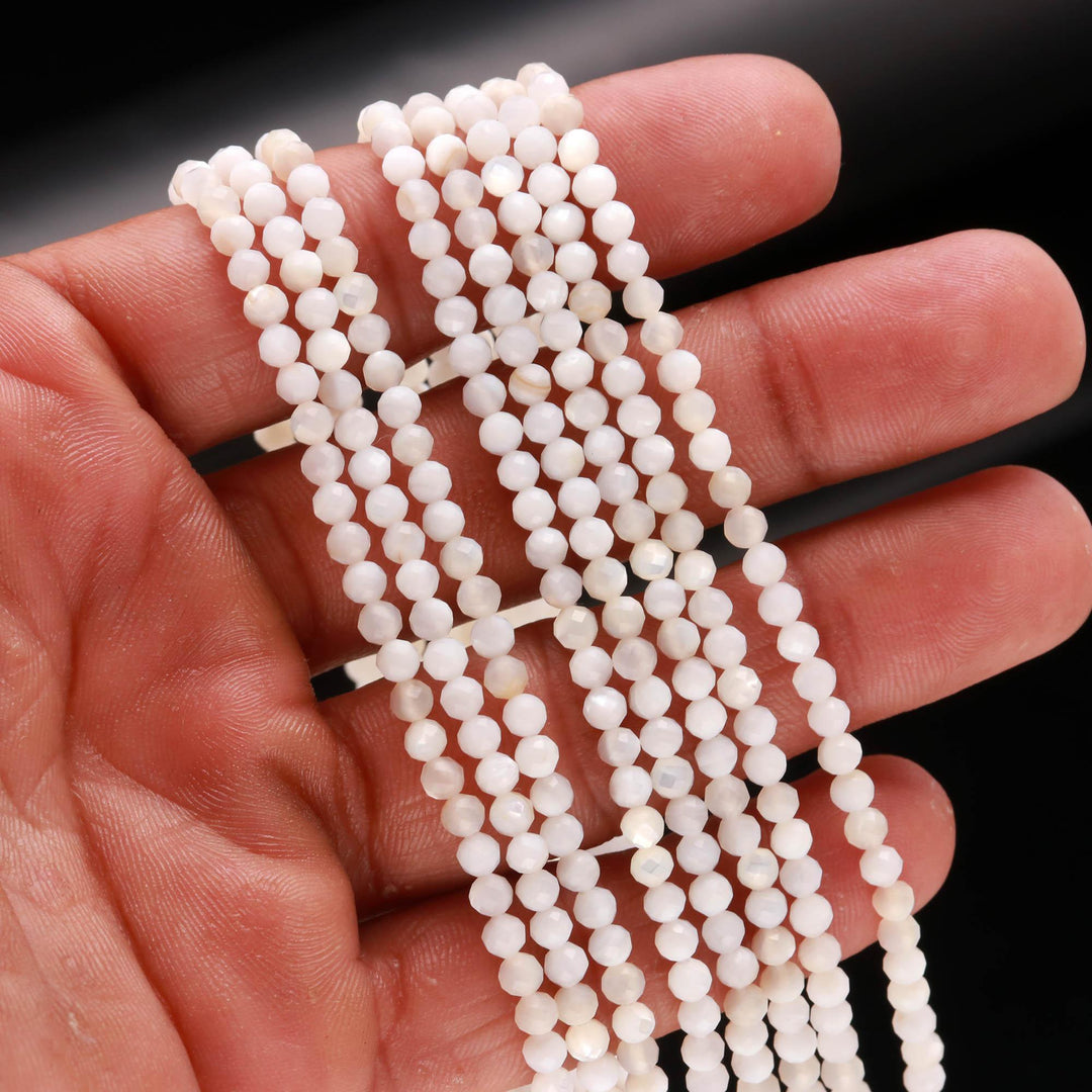 Mother Of Pearl Round Beads, Natural MOP Micro Faceted Round Beads, 3 MM Beads for Jewelry, 13 Inches, Wholesale Beads Necklace Making