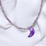 Load image into Gallery viewer, Natural Amethyst Beaded Necklace, Hand Carved Moon Charm Necklace, Cresent Moon Healing Power Necklace, Gift for Her, February Birthstone