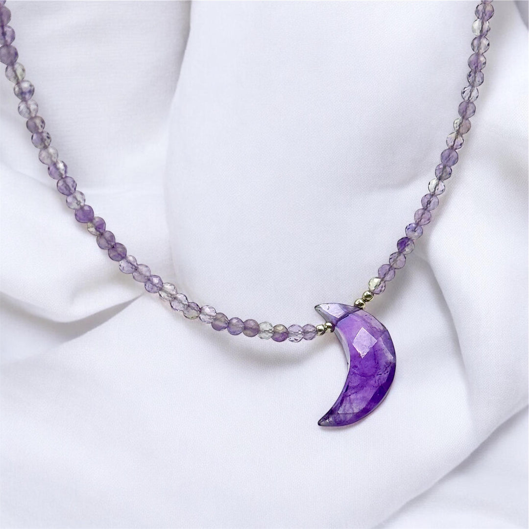 Natural Amethyst Beaded Necklace, Hand Carved Moon Charm Necklace, Cresent Moon Healing Power Necklace, Gift for Her, February Birthstone