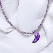 Natural Amethyst Beaded Necklace, Hand Carved Moon Charm Necklace, Cresent Moon Healing Power Necklace, Gift for Her, February Birthstone
