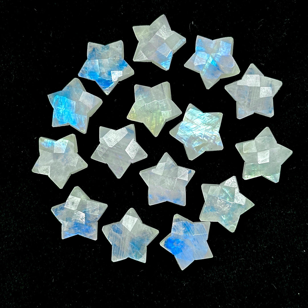 Rainbow Moonstone Star Beads: Faceted Celestial Gemstone Charms, 15mm