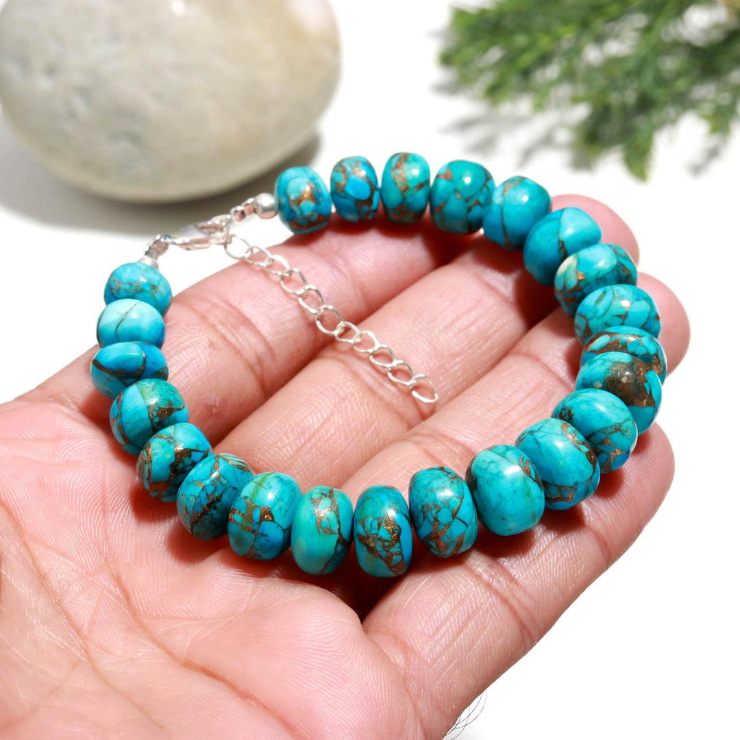 Blue Copper Turquoise Beaded Bracelet, Smooth Carved Turquoise Rondelle Beads Bracelet, Bohemian Beads, Gift for Her, Everyday Jewelry