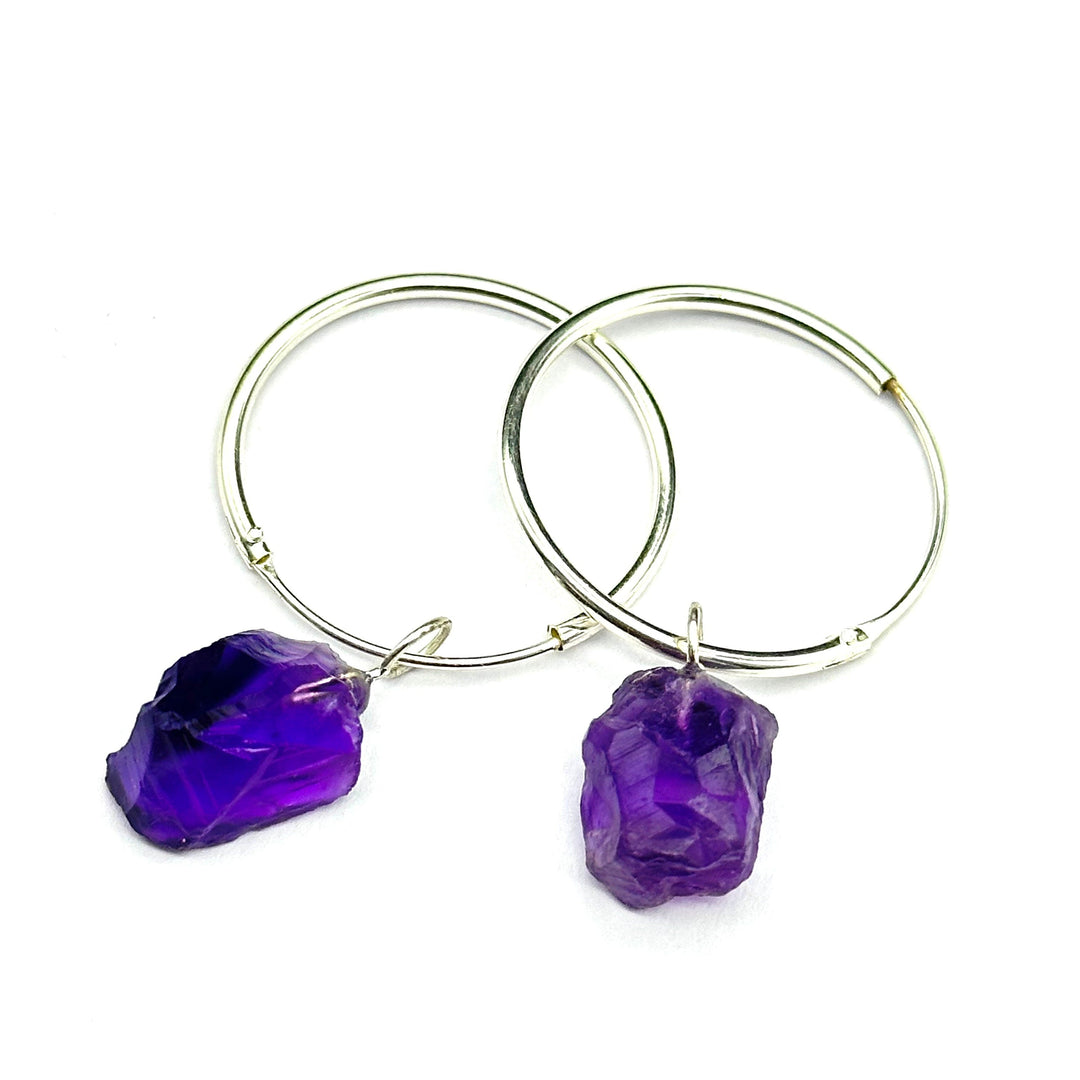 Raw Amethyst Hoop Earrings: Handmade Brass February Birthstone