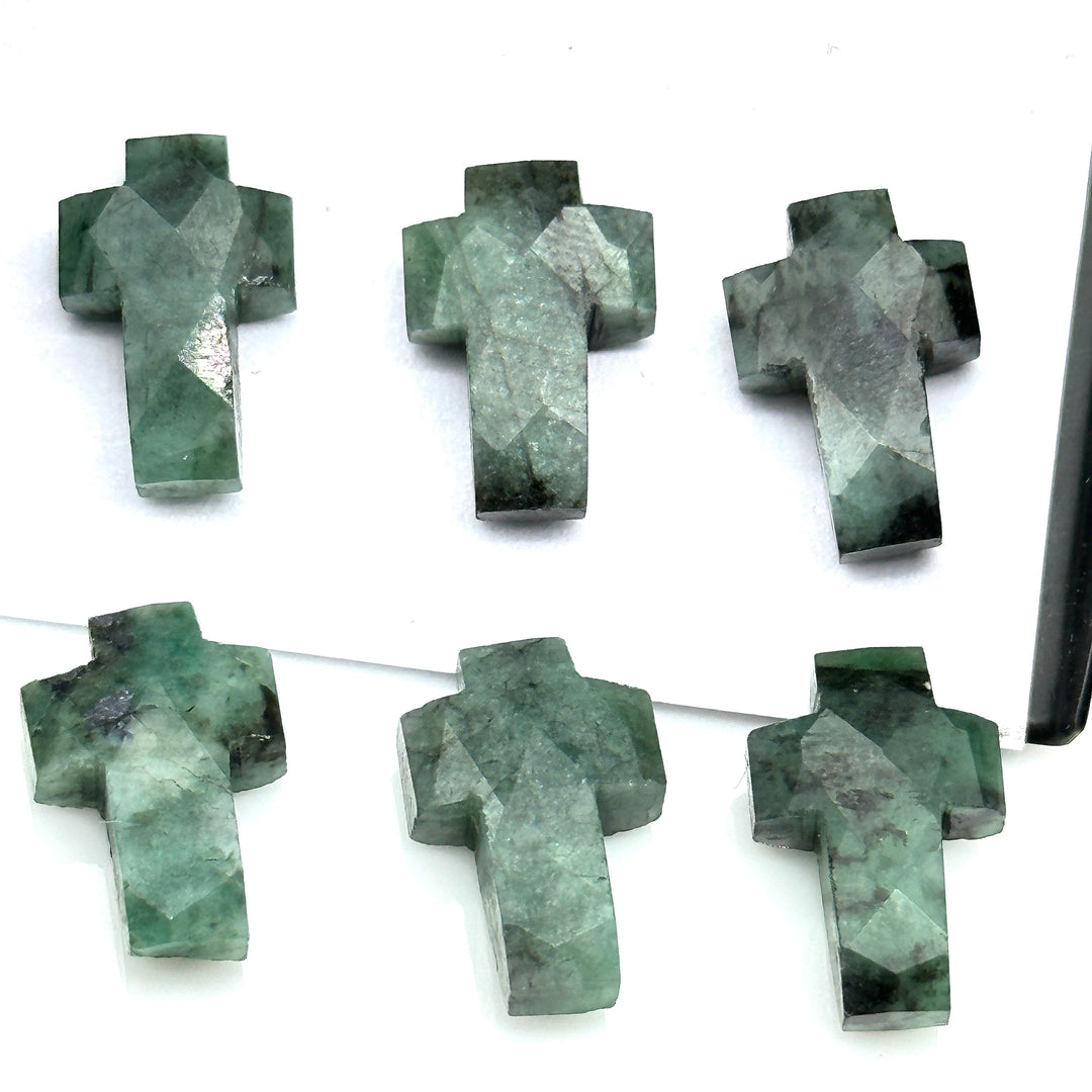 Natural Emerald Cross Beads: Faceted Green Gemstone Charms (15mm)