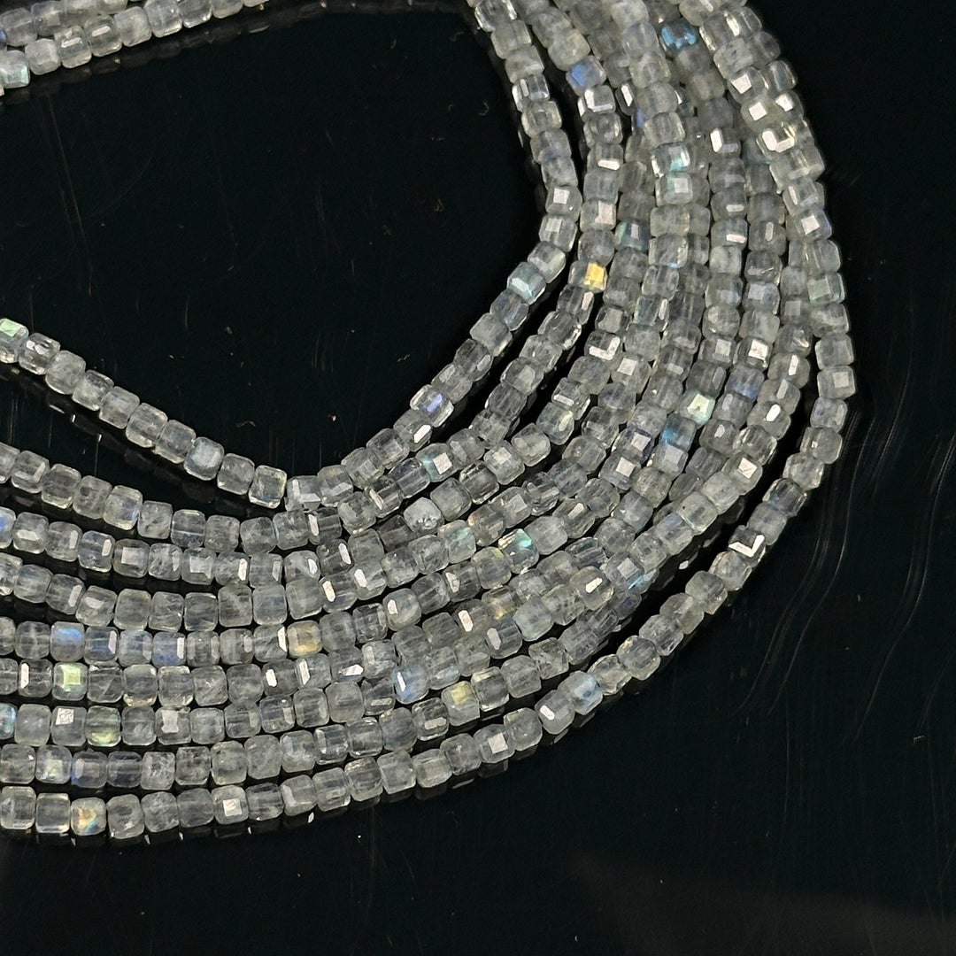 Labradorite Gemstone Beads: 2mm Faceted Cube, Blue Fire, 13 Inch Strand