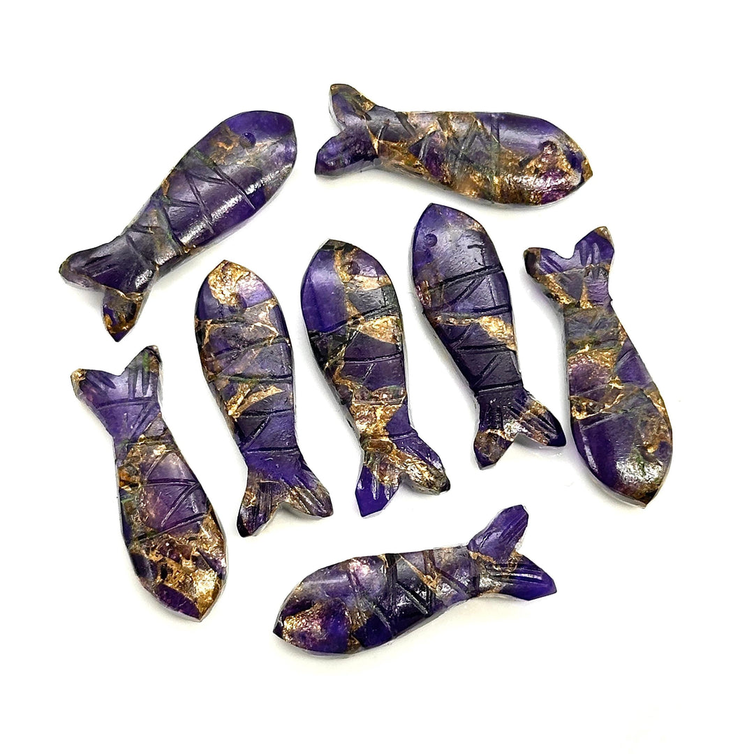 Carved Copper Amethyst Fish Beads: 25mm Briolette Charms