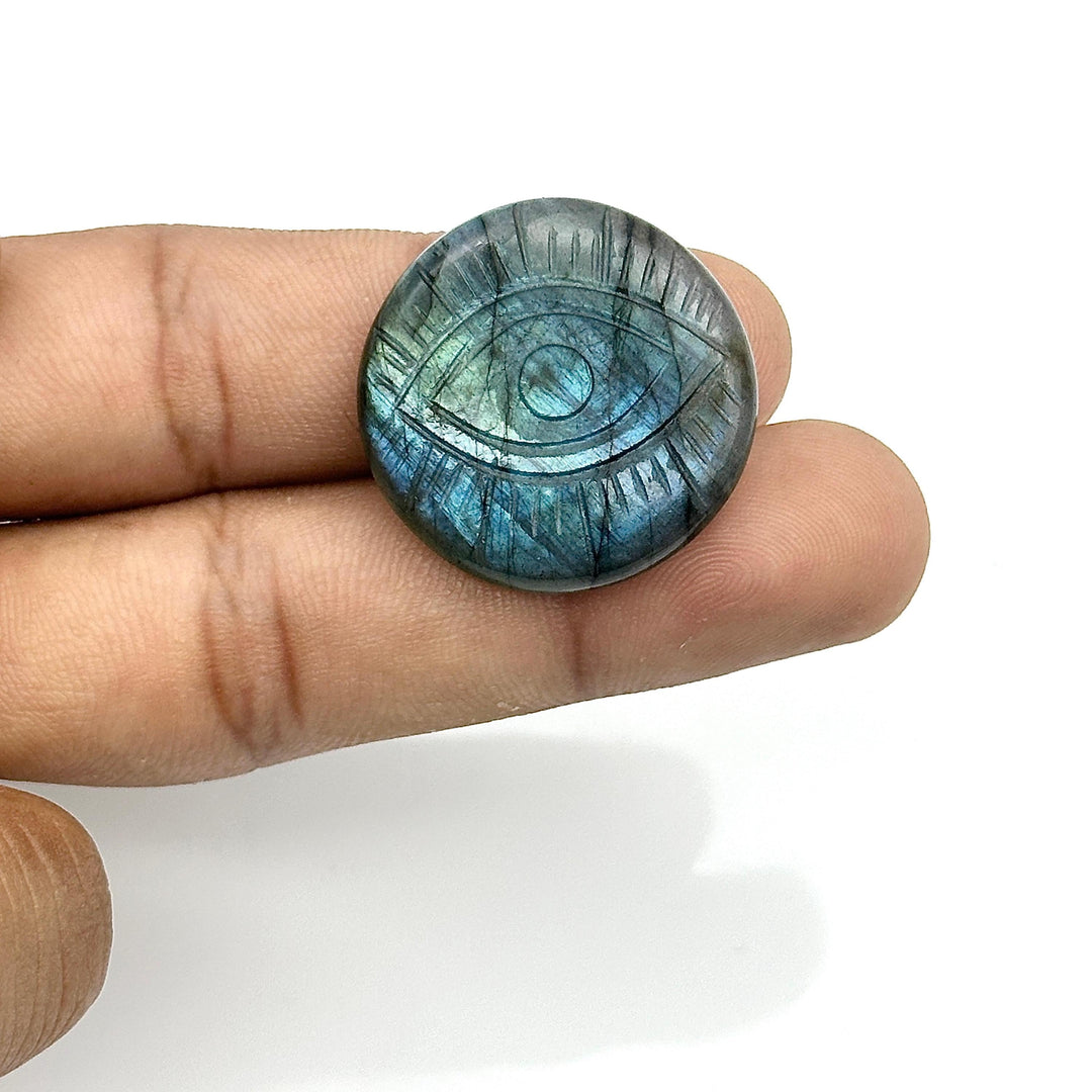 Natural Labradorite Evil Eye Shape Gemstone, Flashy Labradorite Hand Carved Stone Beads For Jewelry Making, 28 MM, Round Evil Eye Carving