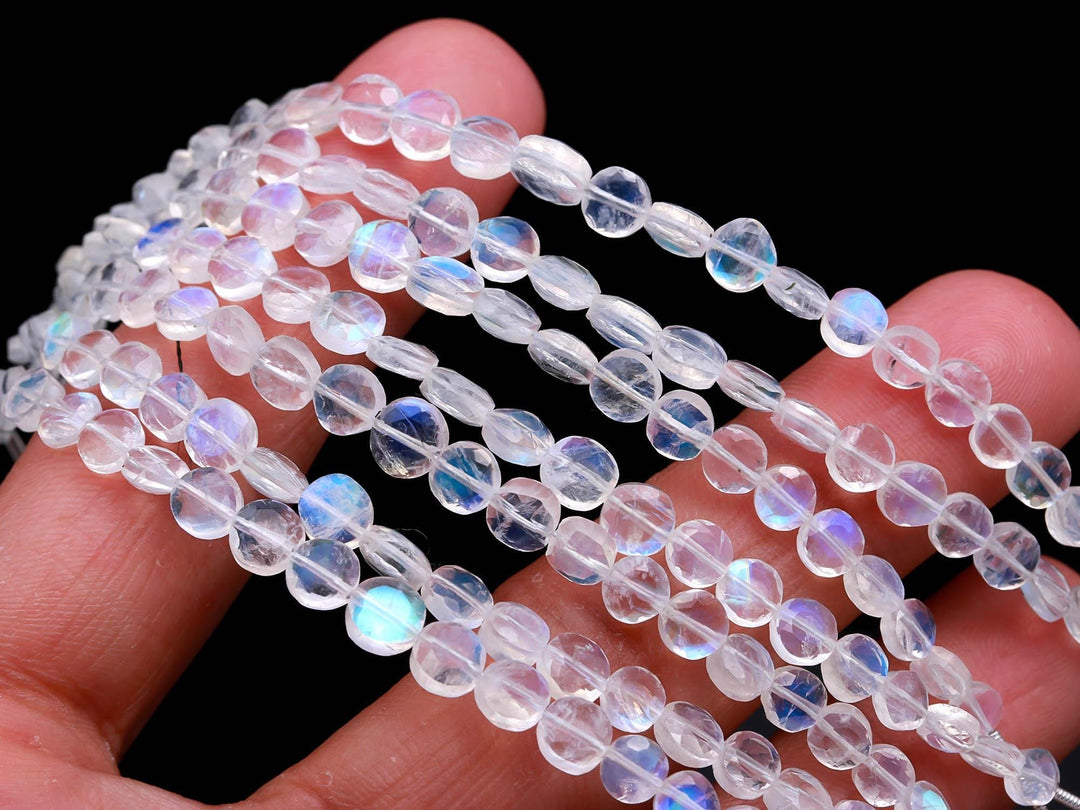 High Flashy Rainbow Moonstone Coin Shape Beads, Faceted Hand Carved Straight Drill Coin Beads, Jewelry Making Gemstones, 4 Inch, 4-5 MM