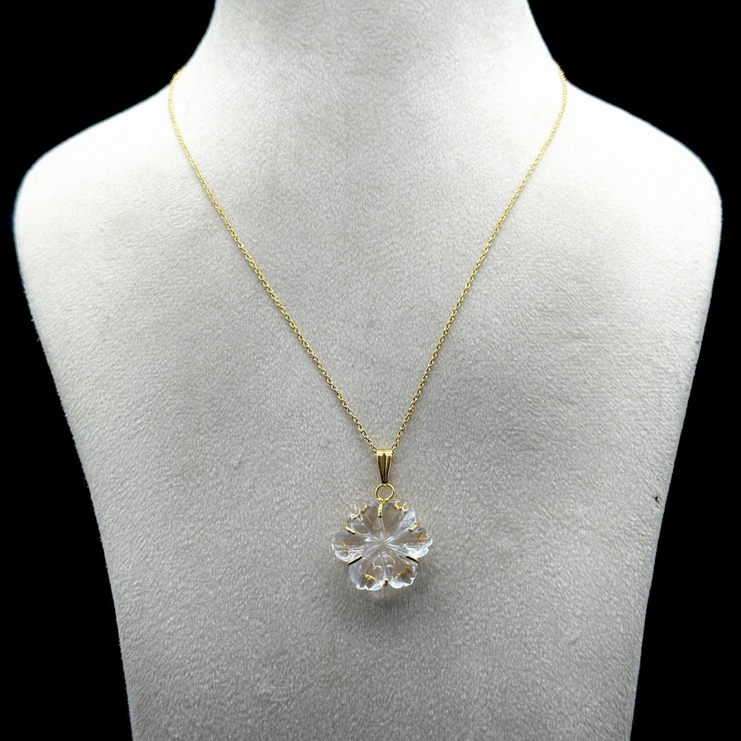 Amazing Carved Natural Crystal Flower Pendant, Goddess Energy Crystal Necklace For Her, 19 mm Crystal Quartz Flower, Birthday Gift For Women
