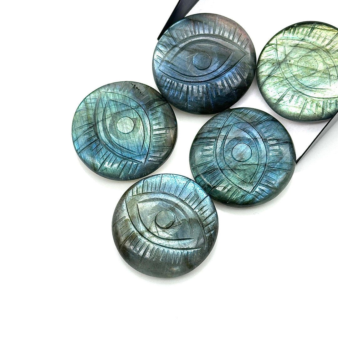 Natural Labradorite Evil Eye Shape Gemstone, Flashy Labradorite Hand Carved Stone Beads For Jewelry Making, 28 MM, Round Evil Eye Carving