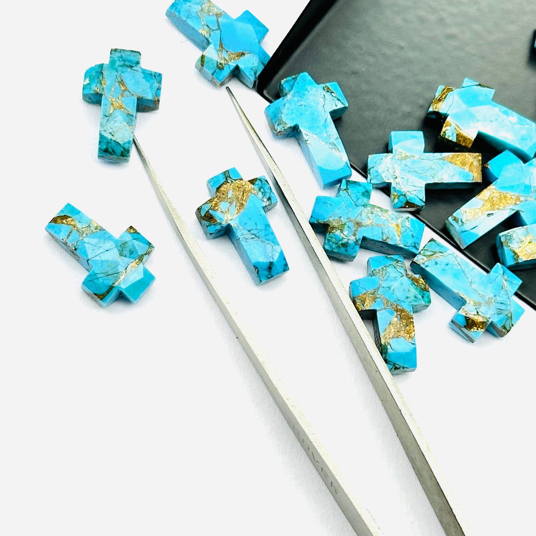 Faceted Copper Turquoise Cross Beads: Spiritual Gemstone Charms (15mm)