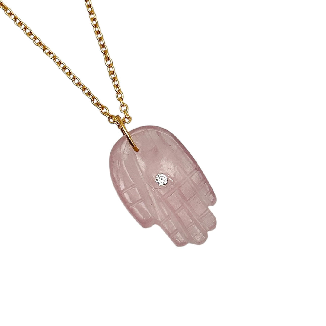 Natural Rose Quartz Hamsa Necklace, Pink Quartz Gemstone Hamsa Necklace For Gift, Reiki Healing Jewelry Pink Charm Protection Necklace 25 MM