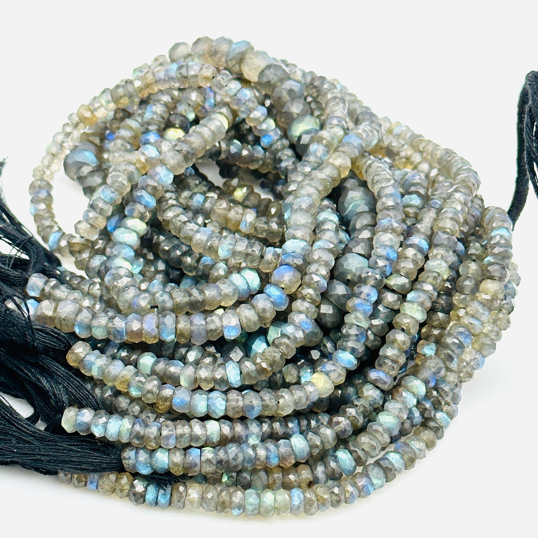 Flashy Labradorite Faceted Rondelle Beads, Natural Blue Fire Labradorite Beads, 4 mm MM Black Rainbow Beads, Wholesale Jewelry Making Beads